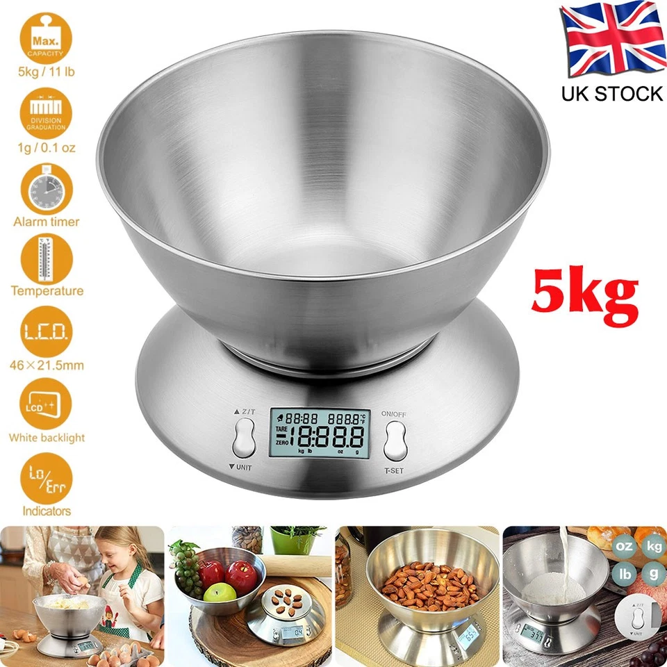 5KG Digital Kitchen Scales Cooking Food Weighing Weight Electronic Scale&Bowl UK - Image 1 of 4