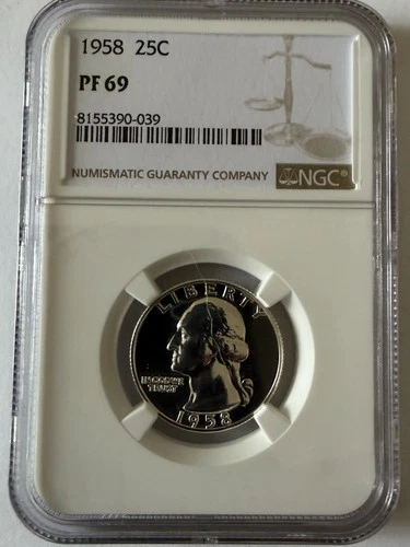1958 Washington Silver Quarter NGC PR69 Brite 90% Silver no toning