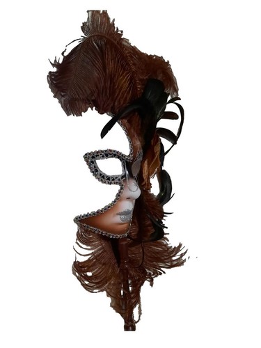Brown Silver Fancy Feather Flower Stick Masquerade Mardi Gras Mask - Picture 3 of 4