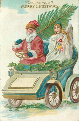 Long Suit Santa Claus Drib=ving Horseless Carraige With Angel Embossed Postcard