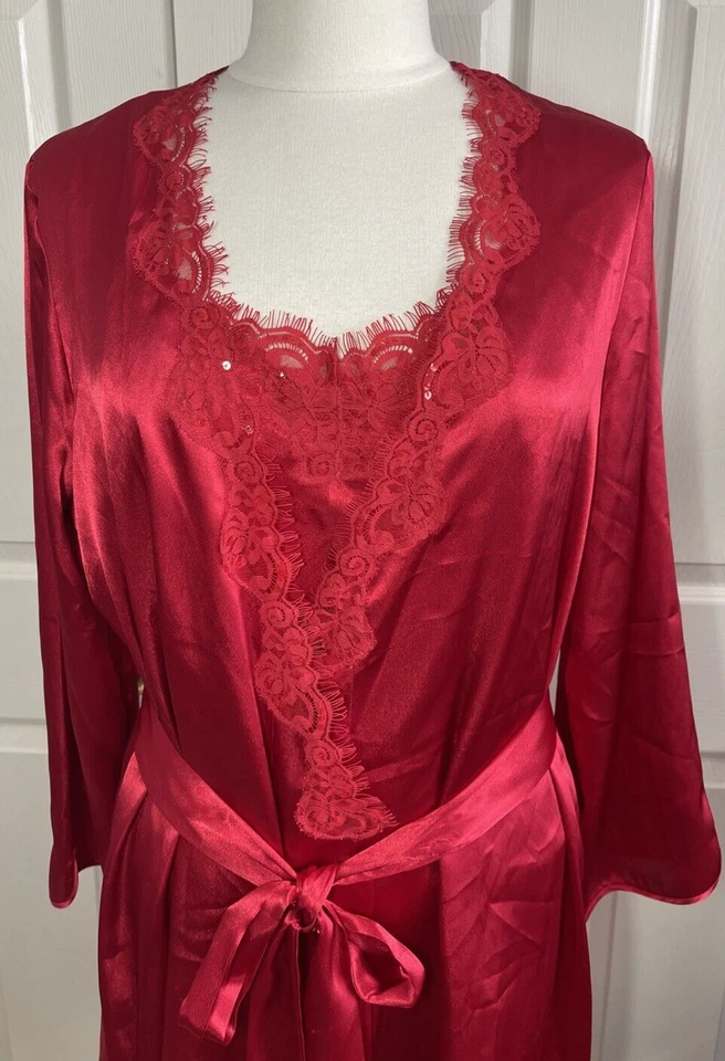Morgan Taylor Intimates красный жидкий атласный блестки кружева платье и халат комплект размер L - Изображение 2 из 4