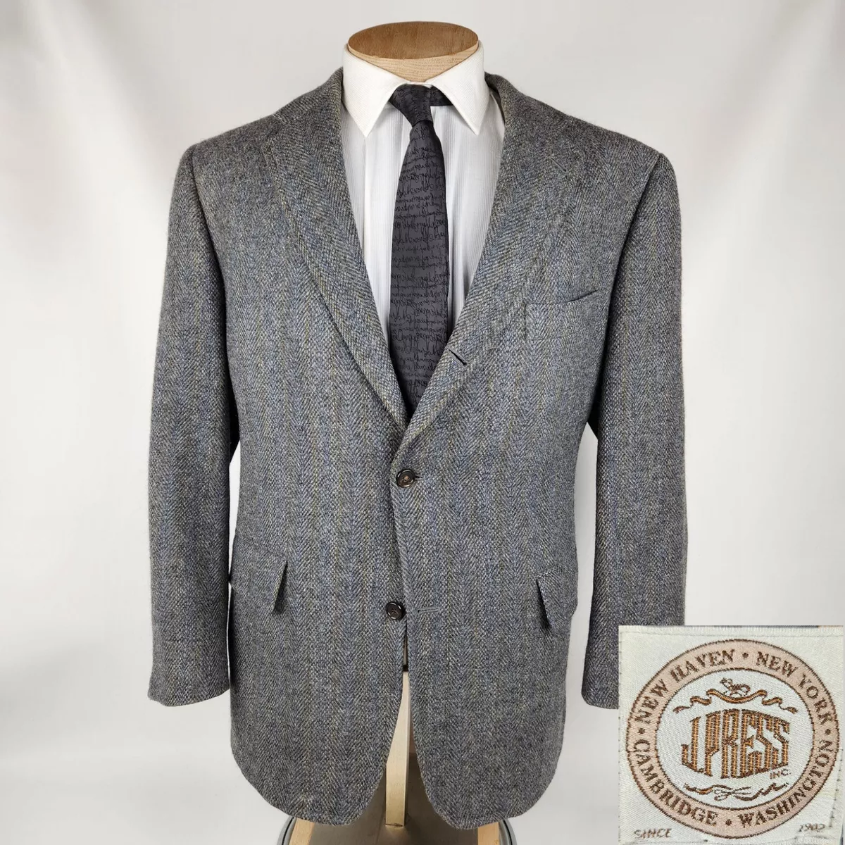 Vintage J Press Mens Donegal Mist Tweed Sport Coat 46R Gray Herringbone Blazer