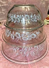(3) Vintage Pyrex Clear Colonial Mist Nesting Mixing Bowls White Lace Daisies