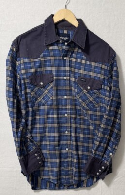 VTG Wrangler Brushpopper Blue Plaid Pearl Snap Western Shirt Color Block Sz M