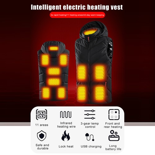 11 Areas Heated Vest for Men Women Heating Down Jacket USB Charging Winter Warm - Picture 10 of 32