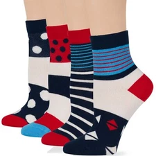 Women Cotton Diabetic Quarter Wide Socks-4 Pack Large-Dot Stripe-Blue Red White