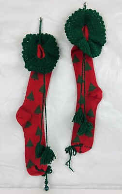 Vintage Christmas Stockings 2pc Handmade Soft Knit Crochet Granny Socks 20  CUTE