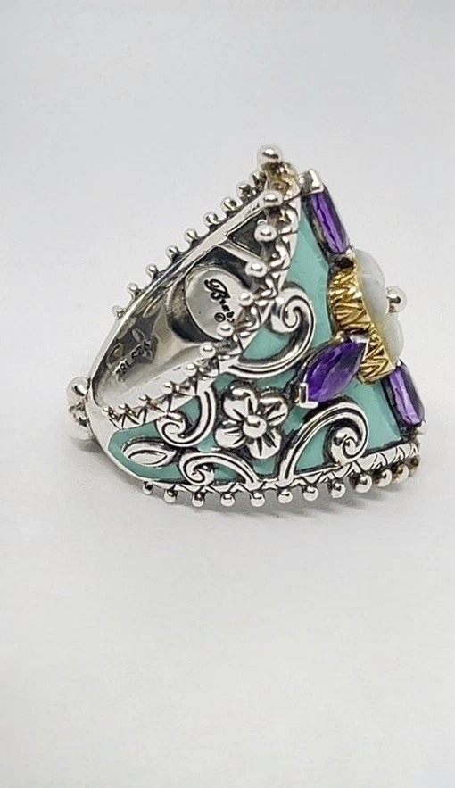 Anillo Barbra Bixby Plata de Ley y Oro 18k Esmalte Azul MOP Amatista Talla 6 Foto 3 de 4