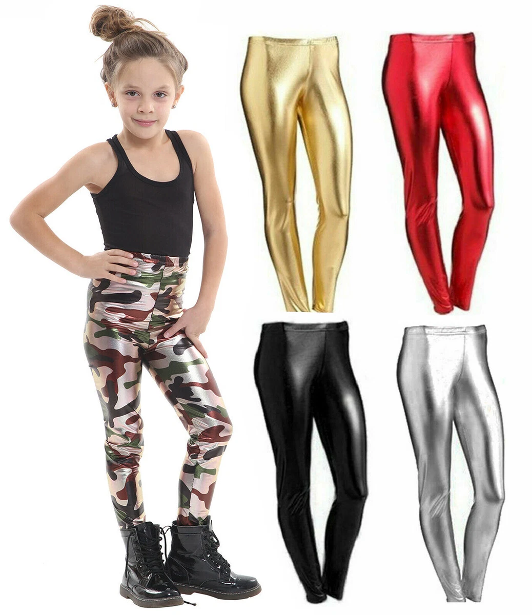 GIRLS METALLIC LEGGINGS FOIL GOLD NATIVITY WET LOOK SHINY CHILDRENS 3-13  YEARS