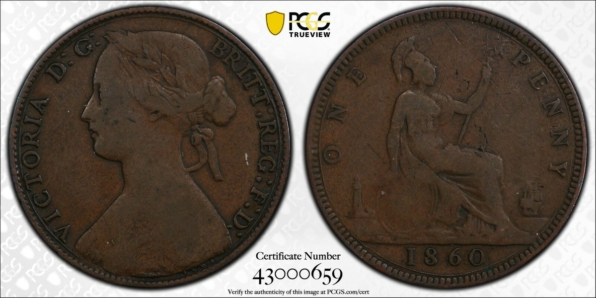 1860 Great Britain Penny 1D PCGS VF20 LCW/SHIELD SIG BELOW BUST S
