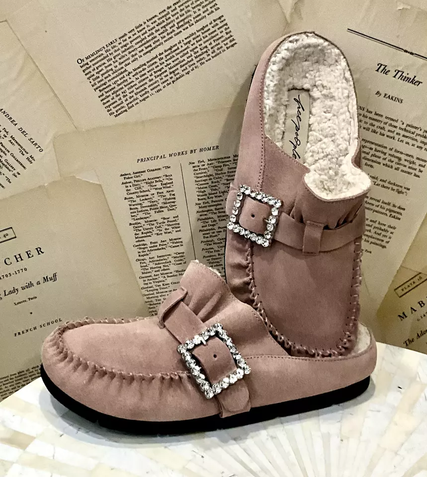 Free People Shearling After Riding Mules Jeweled Buckle Pink Suede 8.5 NEW