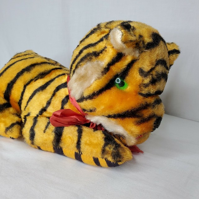 Vintage 50s Striped Tiger Plush Carnival Prize Stuffed Animal Green Eyes 14