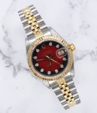 Steel and Gold Rolex Datejust with Red Vignette Diamond Dial with Papers
