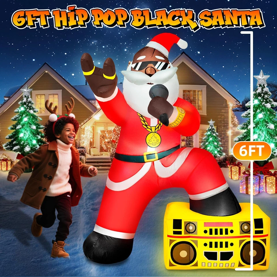Inflables de Navidad 6 pies negro Santa Rapper 2025 NUEVO LED decoración exterior Foto 2 de 4