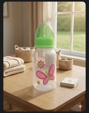 Clear Plastic Baby Bottle with Green Cap and Butterfly Flower Design
