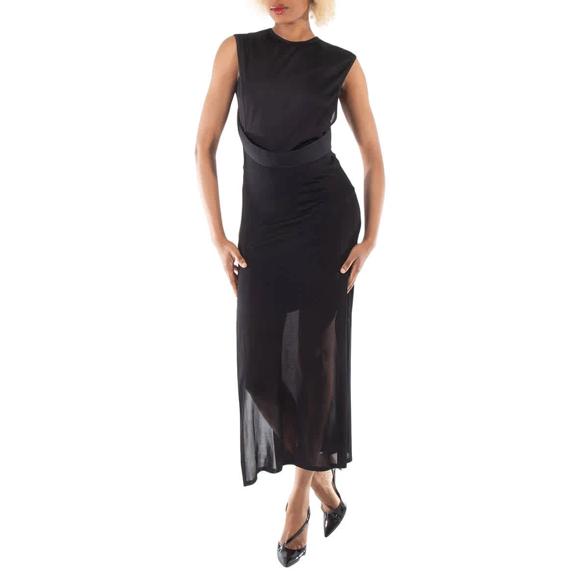 Maxi abito donna Burberry nero con spacco laterale trasparente