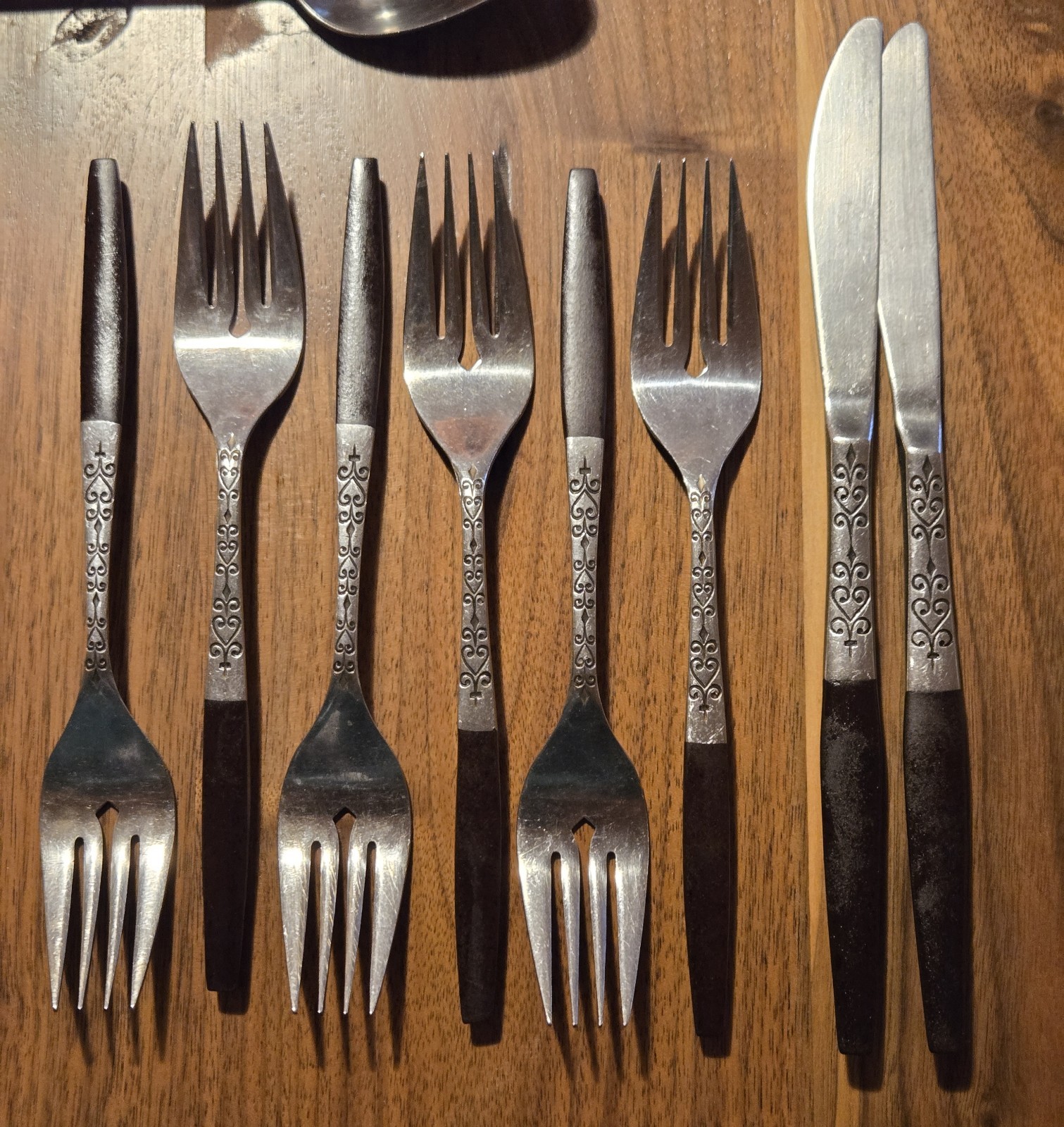 Vtg 17 Pc Set Of Interpur INR2 Stainless Steel Flatware Faux Wood Handle