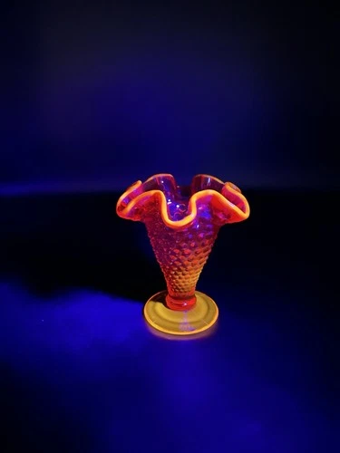 Fenton Hobnail Amberina Glass Vase Glows 4 Inch Crimped Edge Vintage