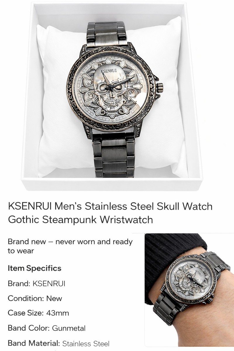 KSENRUI Men's Skull Watch NEW Stainless Steel Gothic Steampunk
