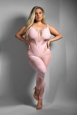 Light Pink Floral Lace Fishnet Bodystocking Footless Open Gusset Queen Size
