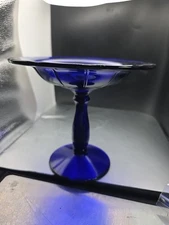 Vintage Cobalt Blue Pedestal Candy Dish Scalloped Edges 7" Round 6" Tall Compote