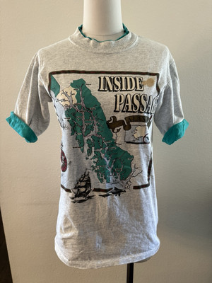 Vintage 1980s Alaska Inside Passage Two Layer Tshirt M Aqua and Grey