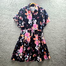 New Tulips Womens A-line Dress Size 10 Black Pink Floral Short Sleeve Button-Up