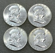 1962, 1962-D, 1963-D x 2 Franklin Silver Half Dollar BU lot of 4 coins #Q219