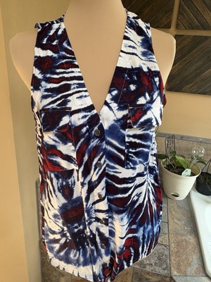 Rock & Republic Red White Blue Tie Dye Rayon Button Tank Shirt M July 4th NWOT
