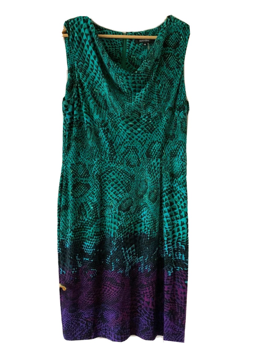 Ellen Tracy Dress Stretch Size 12 Sleeveless green blue black purple zip  back