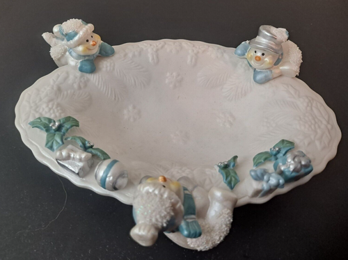 Snowmen Candy, Soap, Trinket Dish Bisque Snowflakes, Presents, Pine 8x6.5x3.25 - Picture 2 of 4