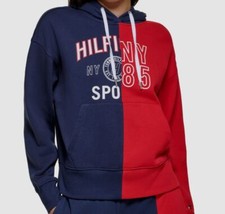Tommy Hilfiger Blue Red Womens color blocked with split graphic hoodie Size S
