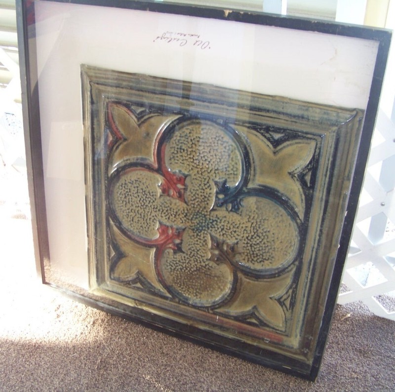 VINTAGE 2003 24 X 24 OLD CEILINGS TILE SIGNED KRISTEN MILES IN SHADOW BOX 31".