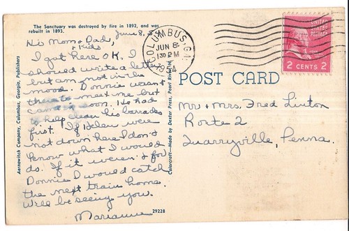 FIRST PRESBYTERIAN CHURCH Rebuilt Columbus Georgia GA Postcard Linen 1954 - Picture 2 of 2