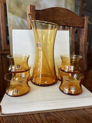 8pc Peedee Cocktail Mix & Stir Set Amber Mid Century Glasses Barware