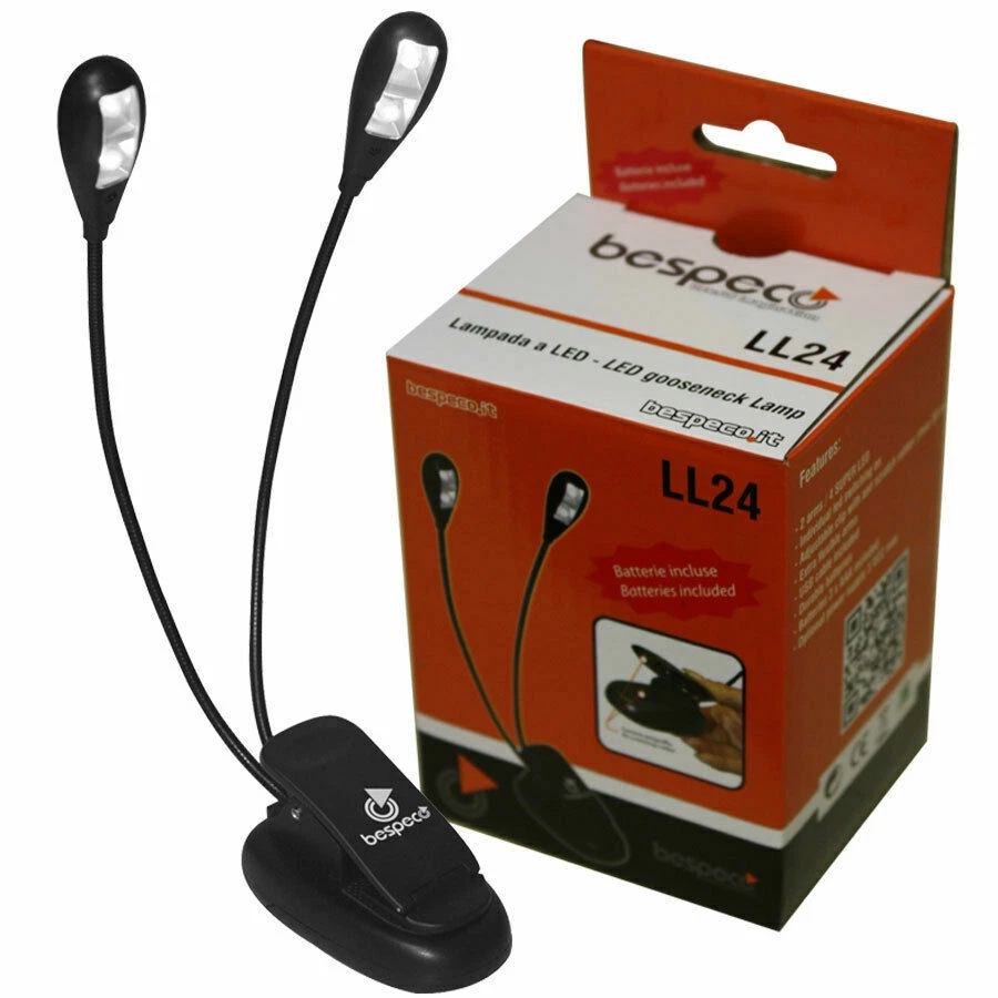Luce Da Leggio A LED Con Clip – 8 LED, 2 Bracci Flessibili, Alimentazione USB O Batterie AAA, Ideale Per Musicisti E Lettori