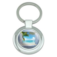 Tropical Beach Vacation Ocean View Classy Round Chrome Plated Metal Keychain