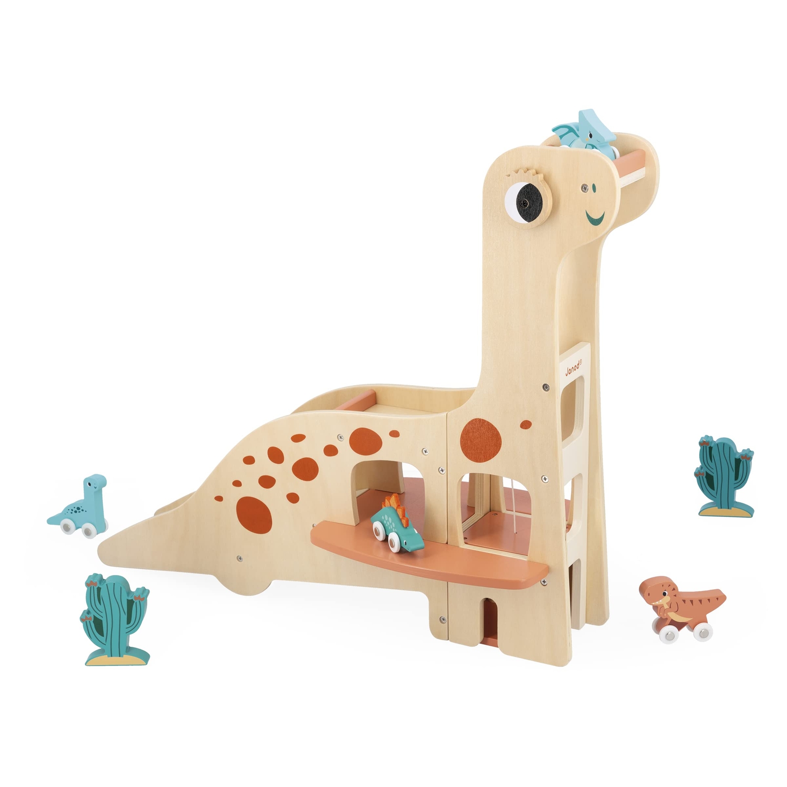 Janod Children’s Diplodocus Garage-4 Push-Along Dinosaurs and 2 Cacti-Develops F