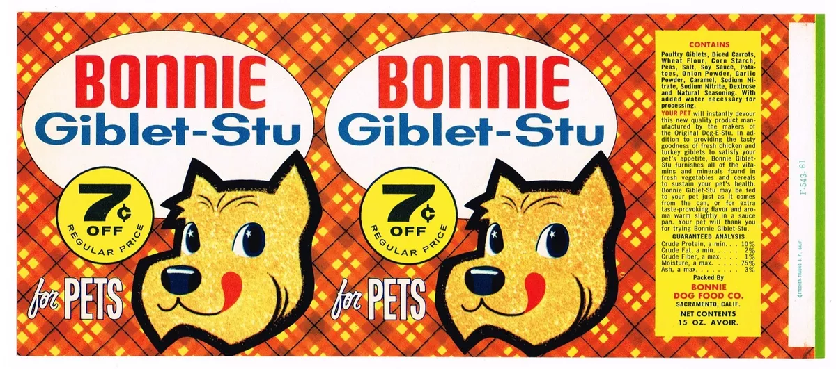 ORIGINAL VINTAGE CAN LABEL DOG CAT PET FOOD 1961 BONNIE GIBLET