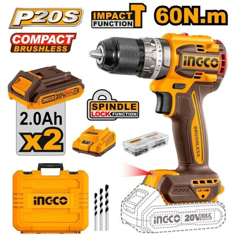 Trapano Avvitatore con Percussione  INGCO BRUSHLESS + 2 batterie 20V + Valigetta