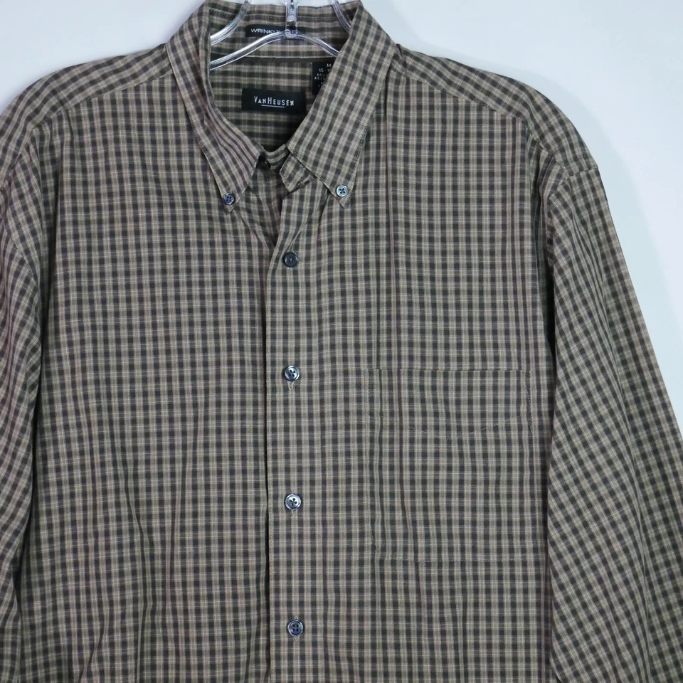 Van Heusen Mens Size M 15-15.5 Button Up Shirt  Long Sleeve Brown Plaid - Image 2 of 4
