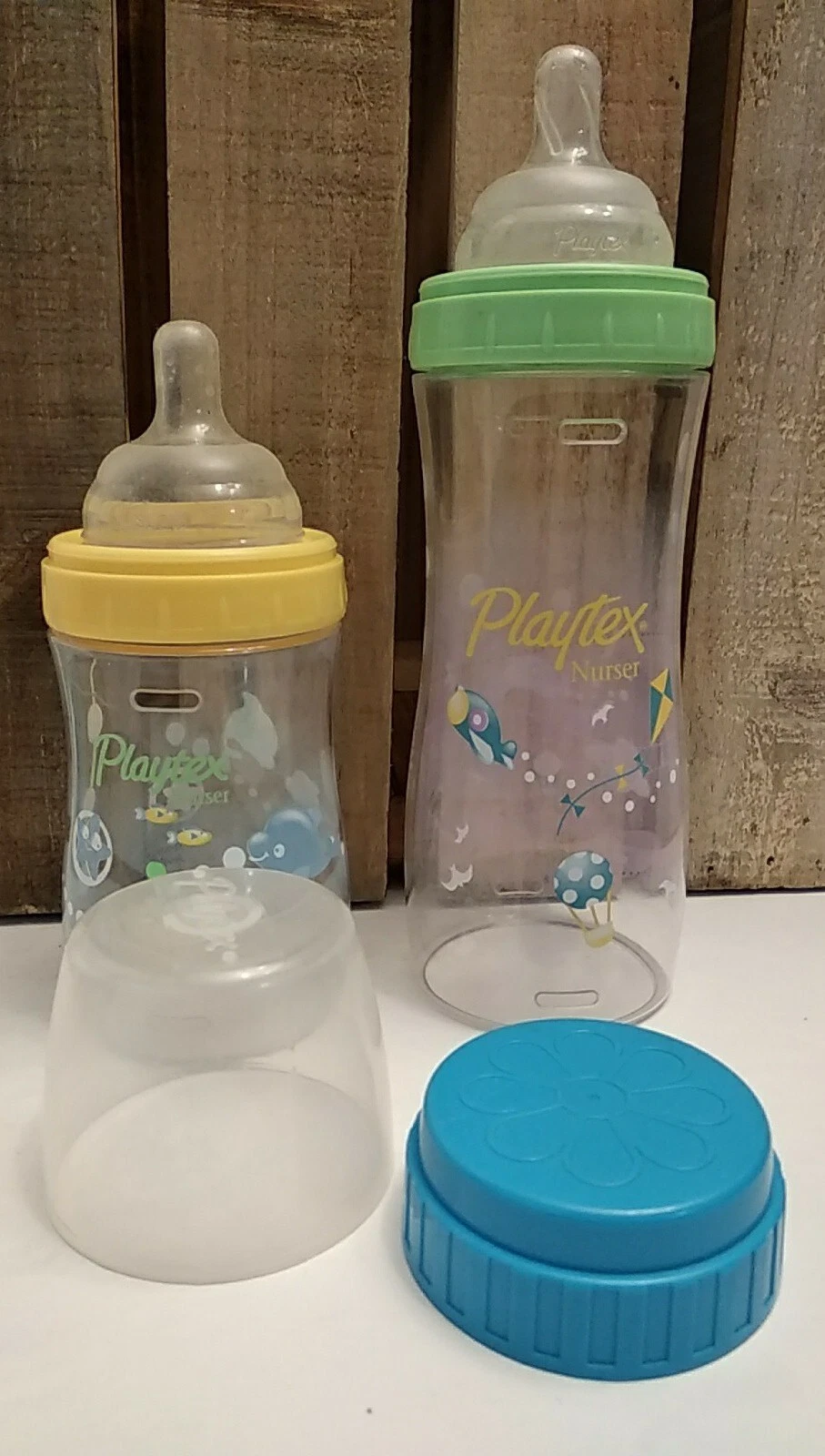 2 Vintage Playtex Nurser Drop In Bottles Nipples Premium Decorated Designs