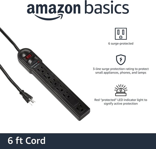 Amazon Basics Surge Protector Power Strip with 6Ft Extension Cord, 6-Outlet, 790 - Picture 8 of 10