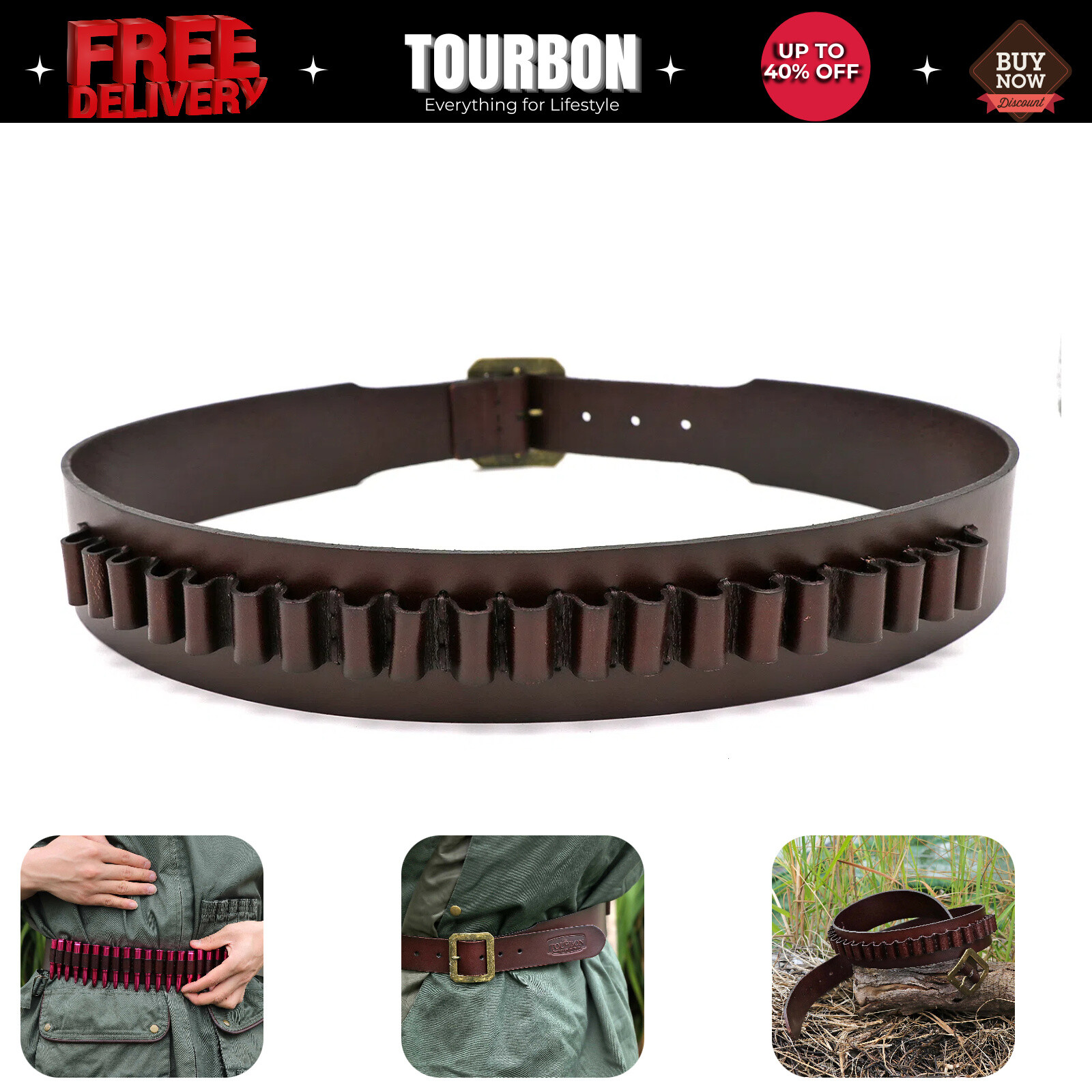 TOURBON Genuine Leather Cartridges Belts Ammo Gun Revolver Holster Holder 357Mag