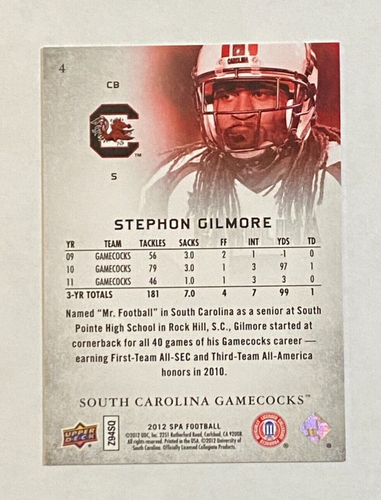 2012 Upper Deck SP Authentic Rookie #4 Stephon Gilmore South Carolina Gamecocks - Picture 2 of 2