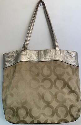 OG様 COACH Julia Op Art Metallic Gold Logo Jacquard & Leather Tote