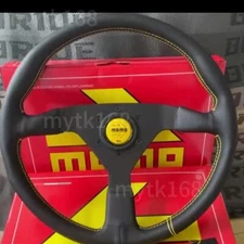 Momo MonteCarlo 14in Leather Steering Wheel Yellow Horn Black Stitching MCL35BK3