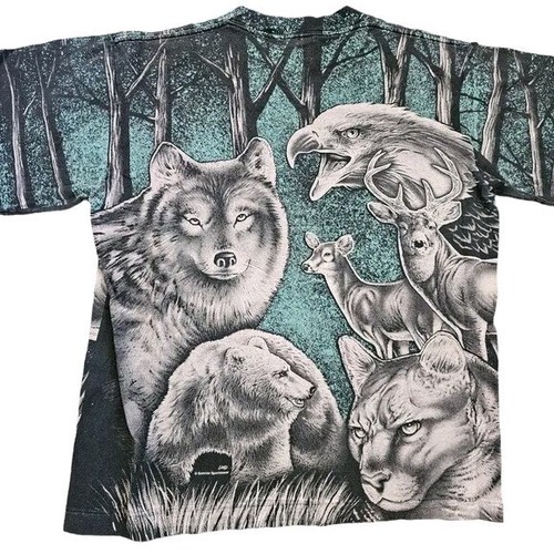 90s All Over Print Animal Tshirt Double Sided Streetwear Naturee Tee Wolf Eagle - Picture 2 of 9