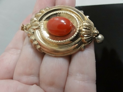 VICTORIAN EXQUISITE LARGE GOLD 585 SIGNED PENDANT RED CABOCHON WITH PAMPEL 9.1Gr - Picture 3 of 12
