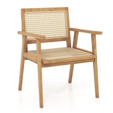 Outdoor Comfortable Wood Dining Chair Patio Teak Wood Armchair w/ Rattan Seat